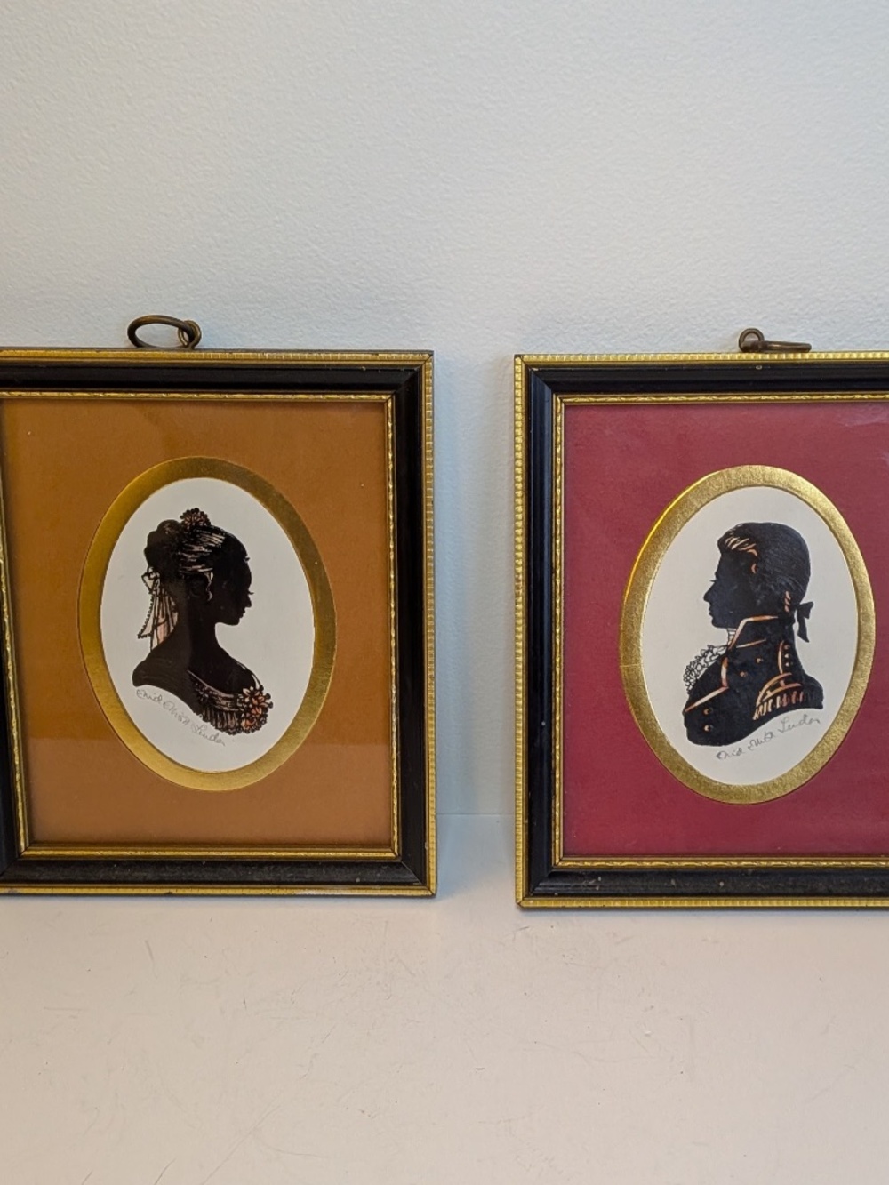 ENID ELLIOT LINDER pair of Silhouettes Gold Framed Naval Gentlemen Mrs. Chamley